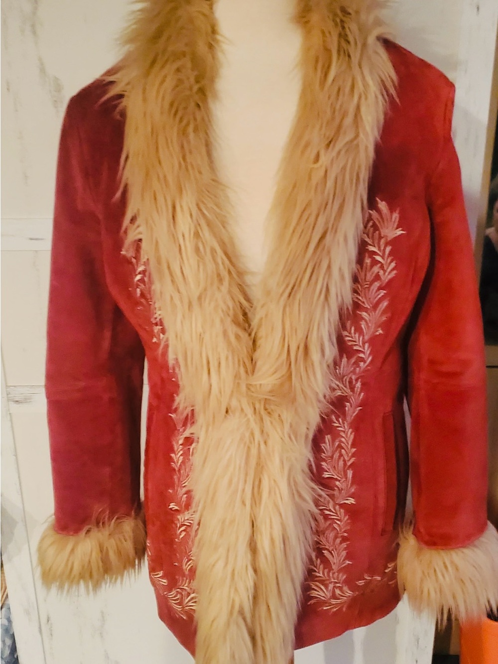 Wet Seal Red Suede Jacket with Tan Faux-Fur Trim